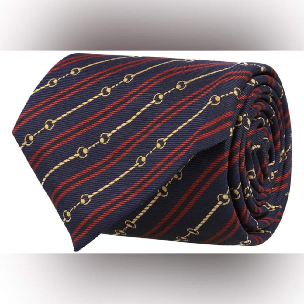 🔥🔥🔥 Gucci Horsebit Silk Jacquard Tie Navy Red